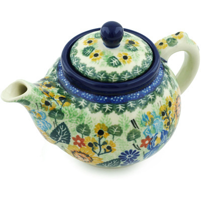 Polish Pottery Tea or Coffee Pot 13 oz Iris Spring UNIKAT