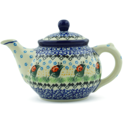 Polish Pottery Tea or Coffee Pot 13 oz Ladybug Leaves
