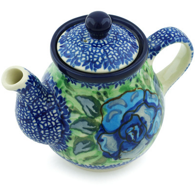 Polish Pottery Tea or Coffee Pot 13 oz Matisse Flowers Cobalt UNIKAT