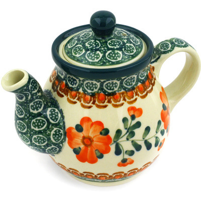 Polish Pottery Tea or Coffee Pot 13 oz Orange Poppies