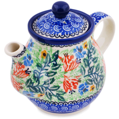 Polish Pottery Tea or Coffee Pot 13 oz Peach Fan Fare UNIKAT