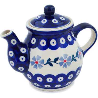 Polish Pottery Tea or Coffee Pot 13 oz Peacock Forget-me-not