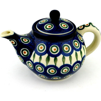 Polish Pottery Tea or Coffee Pot 13 oz Peacock Leaves
