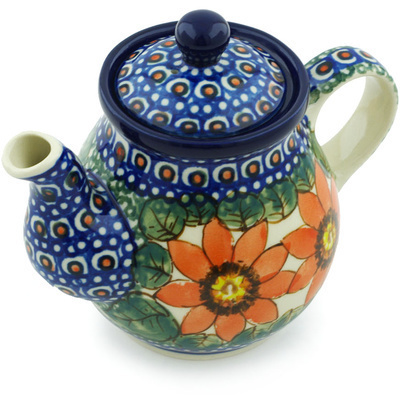 Polish Pottery Tea or Coffee Pot 13 oz Red Blooms UNIKAT