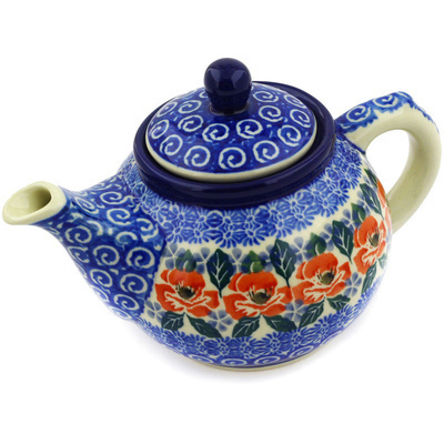 Polish Pottery Tea or Coffee Pot 13 oz Red Poppies On Blue