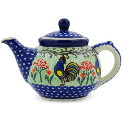 Polish Pottery Tea or Coffee Pot 13 oz Rooster Dance UNIKAT