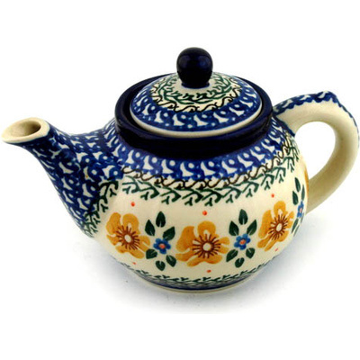 Polish Pottery Tea or Coffee Pot 13 oz Sea Fall Yellow Flowers