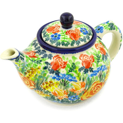 Polish Pottery Tea or Coffee Pot 13 oz Sunset Rose Bouquet UNIKAT