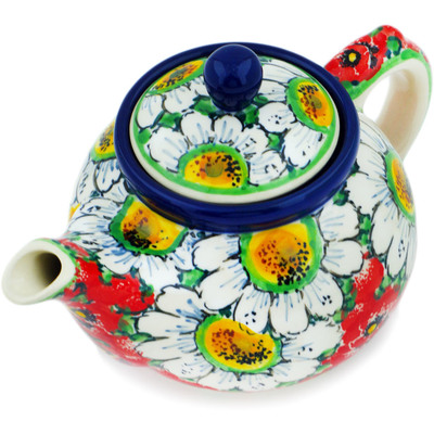 Polish Pottery Tea or Coffee Pot 13 oz Sweet Red Petals UNIKAT