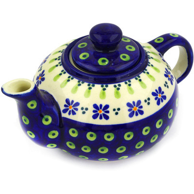 Polish Pottery Tea or Coffee Pot 15 oz Green Gingham Peacock