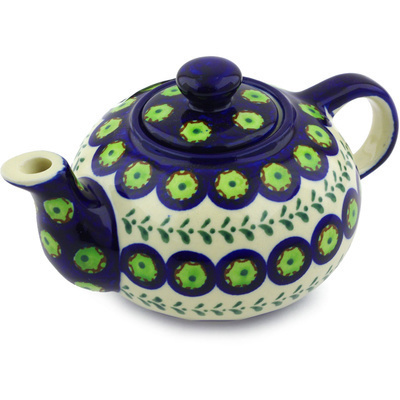 Polish Pottery Tea or Coffee Pot 15 oz Green Laurel Peacock