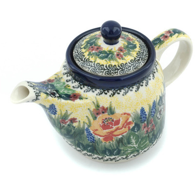 Polish Pottery Tea or Coffee Pot 17 oz Copper Rose Meadow UNIKAT