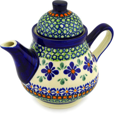 Polish Pottery Tea or Coffee Pot 17 oz Gingham Flowers