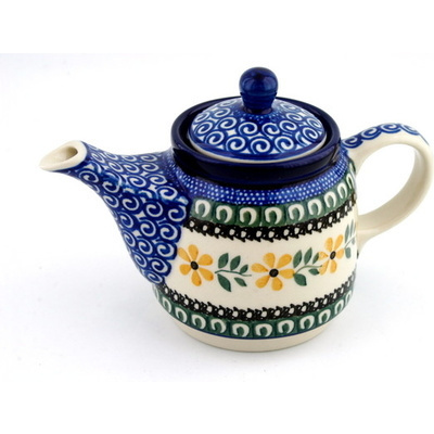 Polish Pottery Tea or Coffee Pot 17 oz Golden Daisy Swirl