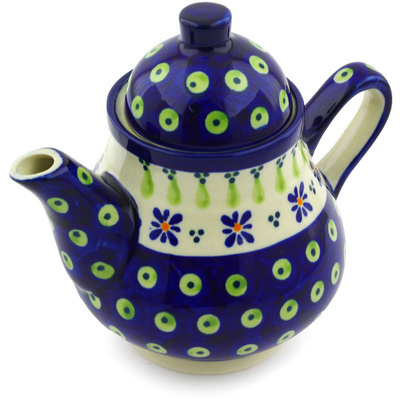 Polish Pottery Tea or Coffee Pot 17 oz Green Gingham Peacock
