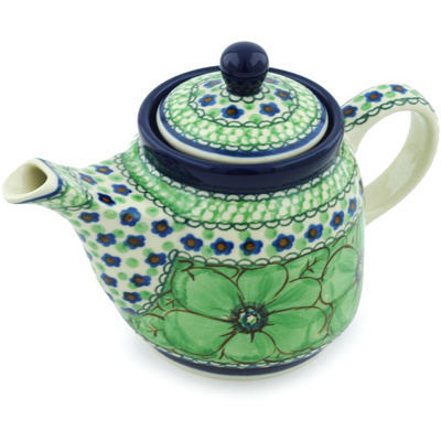 Polish Pottery Tea or Coffee Pot 17 oz Green Pansies UNIKAT