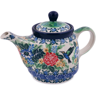 Polish Pottery Tea or Coffee Pot 17 oz Hummingbird Meadow UNIKAT