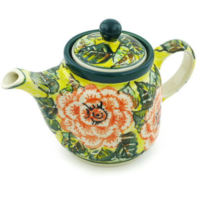 Polish Pottery Tea or Coffee Pot 17 oz Orange Peonies UNIKAT