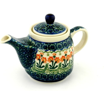 Polish Pottery Tea or Coffee Pot 17 oz Peach Spring Daisy
