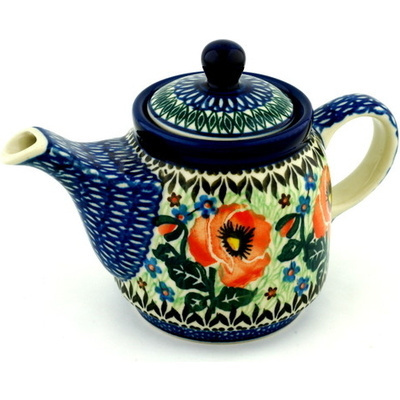 Polish Pottery Tea or Coffee Pot 17 oz Playful Poppy UNIKAT