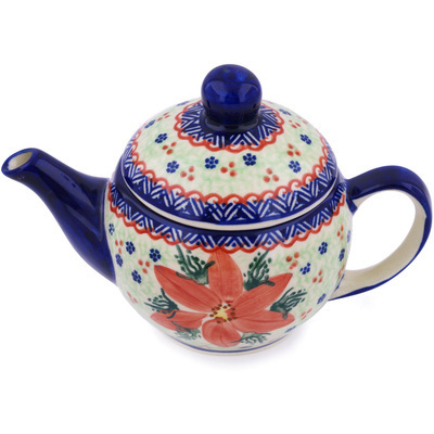 Polish Pottery Tea or Coffee Pot 17 oz Poinsettia UNIKAT