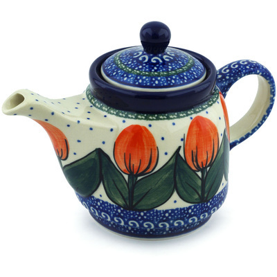 Polish Pottery Tea or Coffee Pot 17 oz Red Tulip Circle UNIKAT