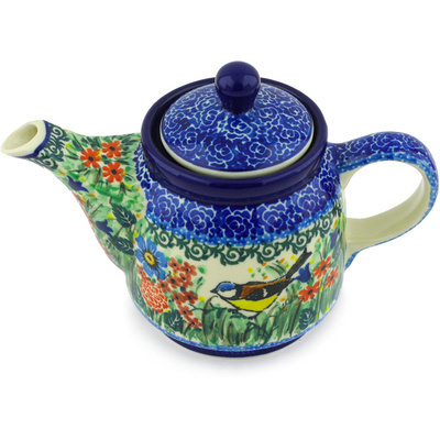 Polish Pottery Tea or Coffee Pot 17 oz Robbin&#039;s Meadow UNIKAT