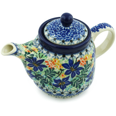 Polish Pottery Tea or Coffee Pot 17 oz Sapphire Lilies UNIKAT