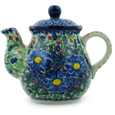 Polish Pottery Tea or Coffee Pot 20 oz Blue Bud Delight UNIKAT