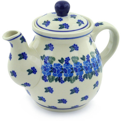 Polish Pottery Tea or Coffee Pot 20 oz Blue Carnation