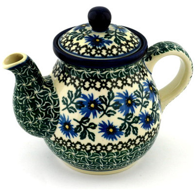 Polish Pottery Tea or Coffee Pot 20 oz Blue Chicory
