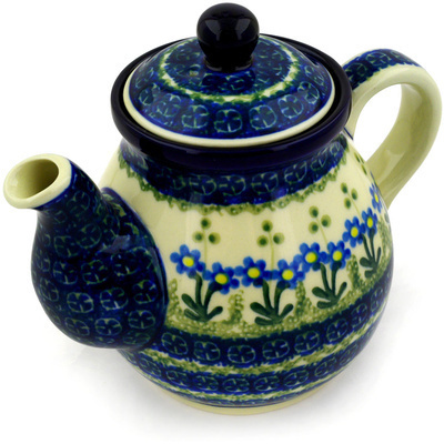 Polish Pottery Tea or Coffee Pot 20 oz Blue Daisy Circle