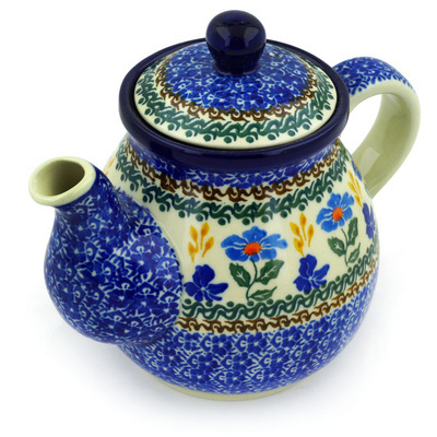 Polish Pottery Tea or Coffee Pot 20 oz Blue Forget-me-nots