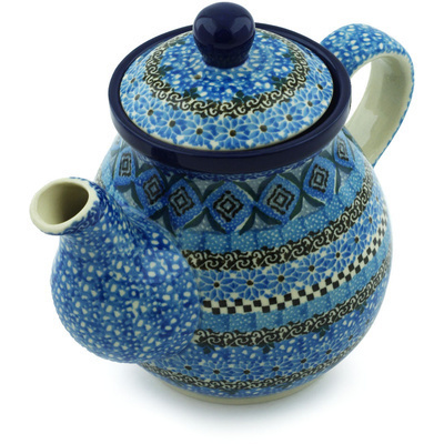 Polish Pottery Tea or Coffee Pot 20 oz Blue Kaleidoscope UNIKAT