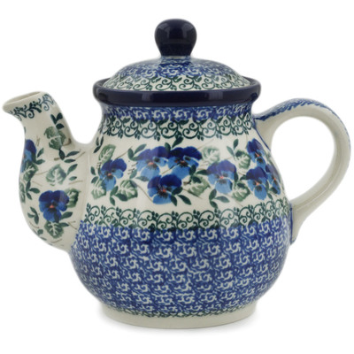 Polish Pottery Tea or Coffee Pot 20 oz Blue Pansy
