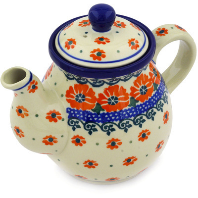 Polish Pottery Tea or Coffee Pot 20 oz Bright Orange Blossoms