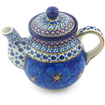 Polish Pottery Tea or Coffee Pot 20 oz Cobalt Poppies UNIKAT
