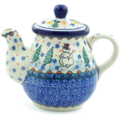 Polish Pottery Tea or Coffee Pot 20 oz Dancing Snowman UNIKAT