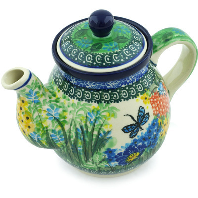 Polish Pottery Tea or Coffee Pot 20 oz Dragonfly Delight UNIKAT