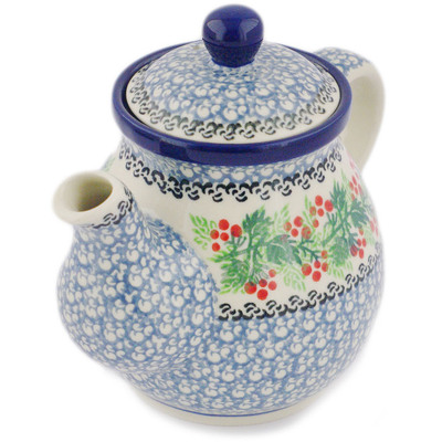 Polish Pottery Tea or Coffee Pot 20 oz Holly Berry Wreath