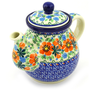 Polish Pottery Tea or Coffee Pot 20 oz Orange Blooms UNIKAT
