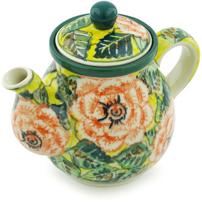 Polish Pottery Tea or Coffee Pot 20 oz Orange Peonies UNIKAT