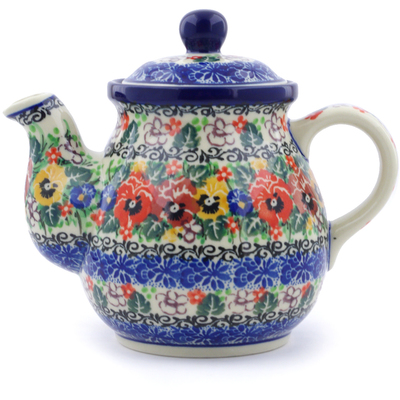 Polish Pottery Tea or Coffee Pot 20 oz Pansy Garden UNIKAT