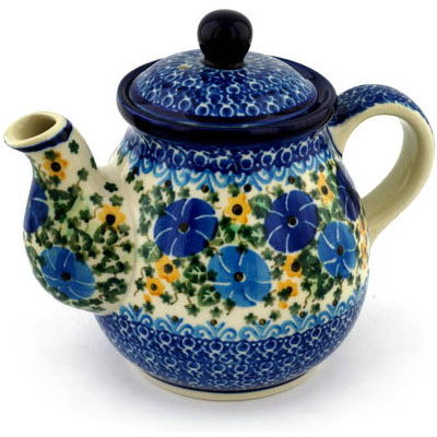 Polish Pottery Tea or Coffee Pot 20 oz Periwinkle Ring UNIKAT