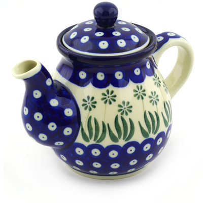 Polish Pottery Tea or Coffee Pot 20 oz Pushing Daisy Peacock