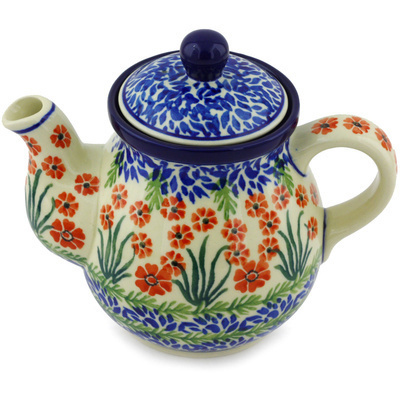 Polish Pottery Tea or Coffee Pot 20 oz Red April Showers