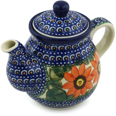 Polish Pottery Tea or Coffee Pot 20 oz Red Blooms UNIKAT