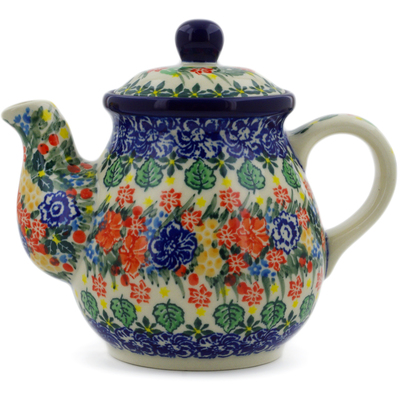 Polish Pottery Tea or Coffee Pot 20 oz Red Bouquet UNIKAT