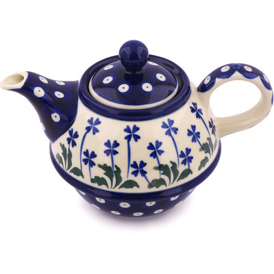 Polish Pottery Tea or Coffee Pot 22 oz Blue Clover Peacock