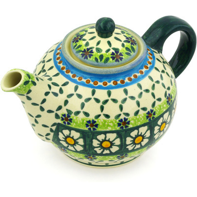 Polish Pottery Tea or Coffee Pot 22 oz Green Daisy